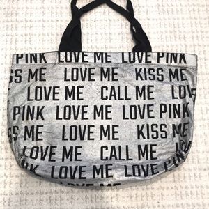 Victria Secret PINK Large Canvas Tote Bag Purse Silver Metallic